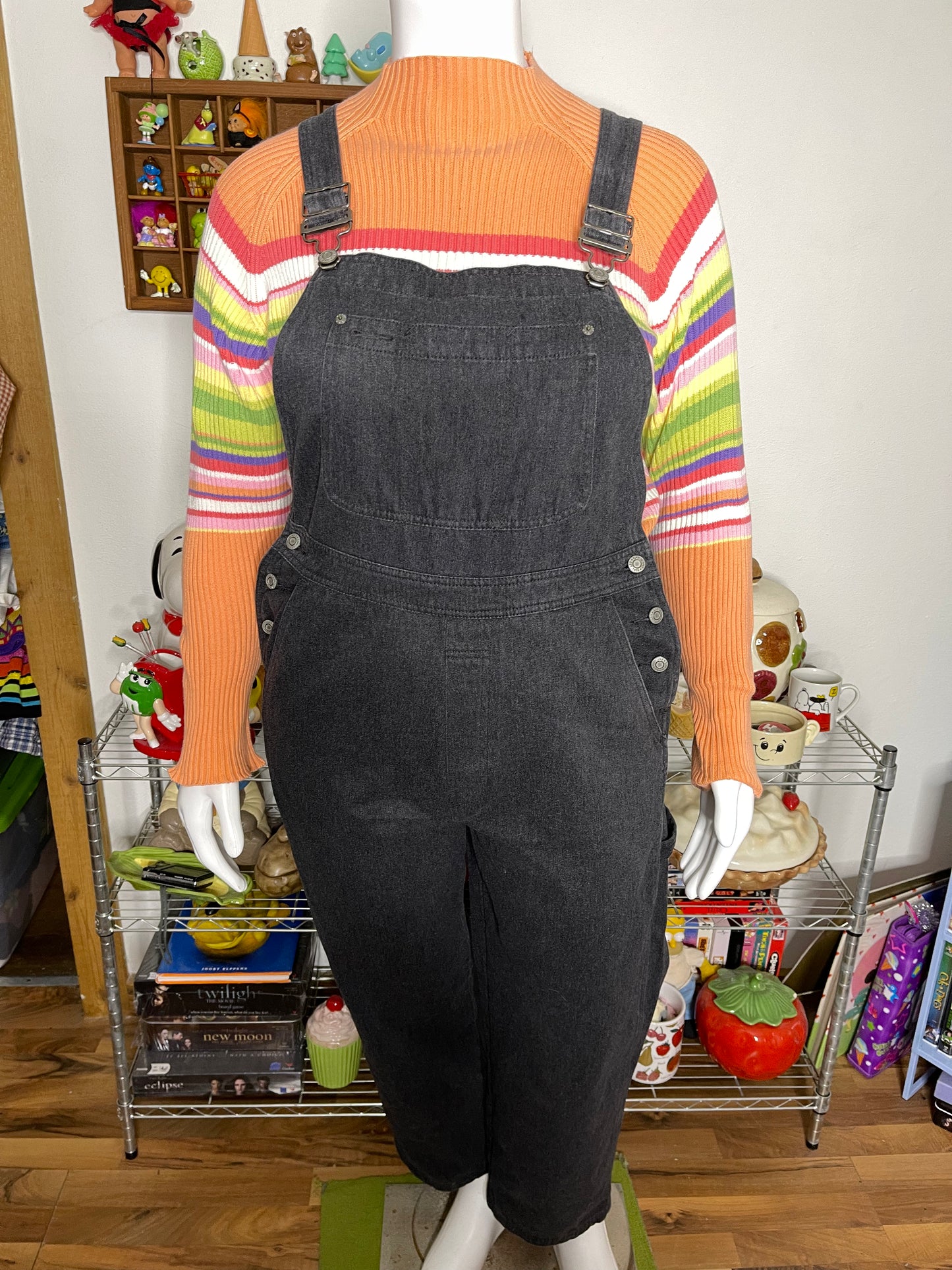 2000s Faded Dark Grey Baggy Denim Gap Overalls Sz L