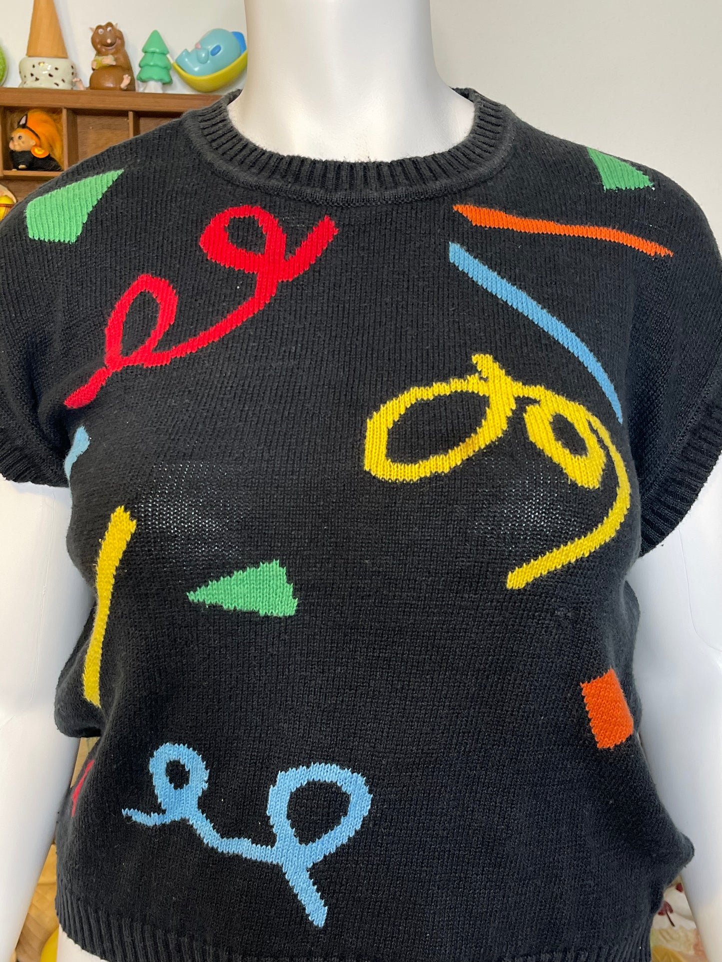 Vintage Colorful Funky Retro Knit Shortsleeve Sweater Sz L/XL