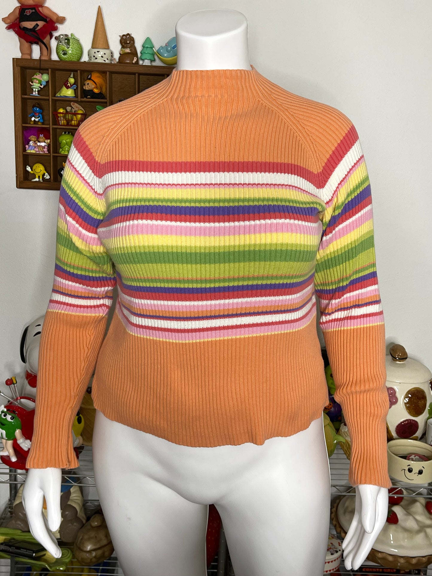 Vintage Peachy Rainbow Striped Knit Mock Neck Sz XL