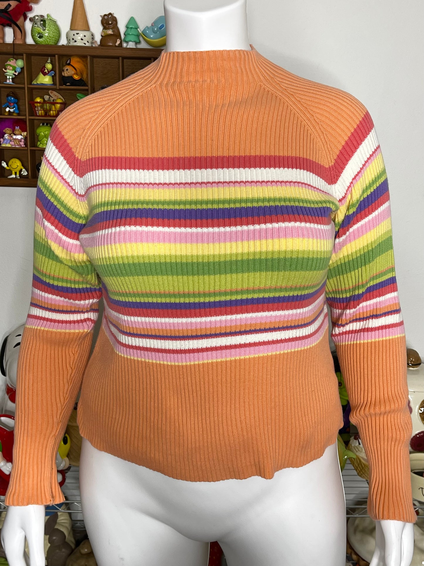 Vintage Peachy Rainbow Striped Knit Mock Neck Sz XL