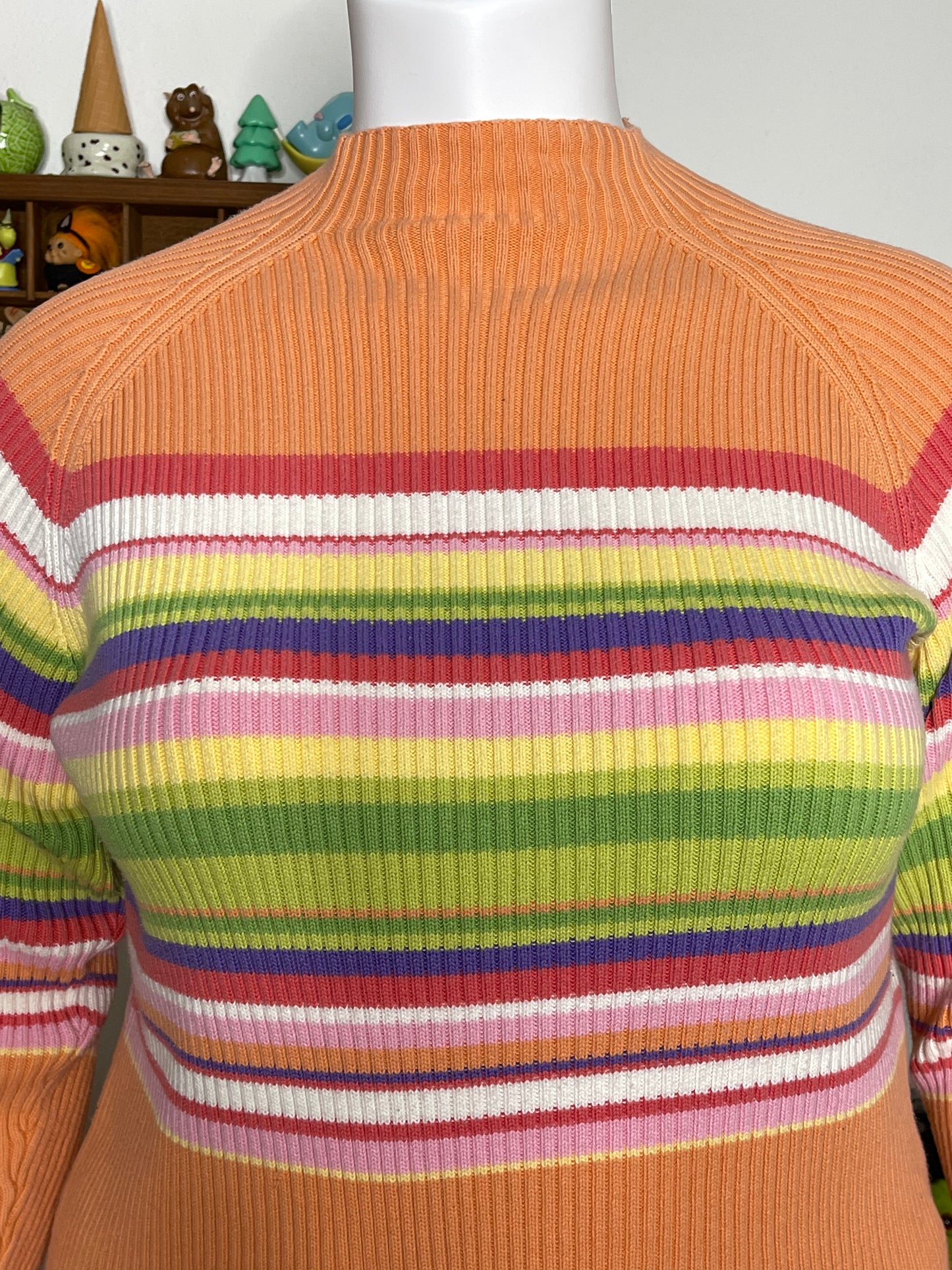 Vintage Peachy Rainbow Striped Knit Mock Neck Sz XL