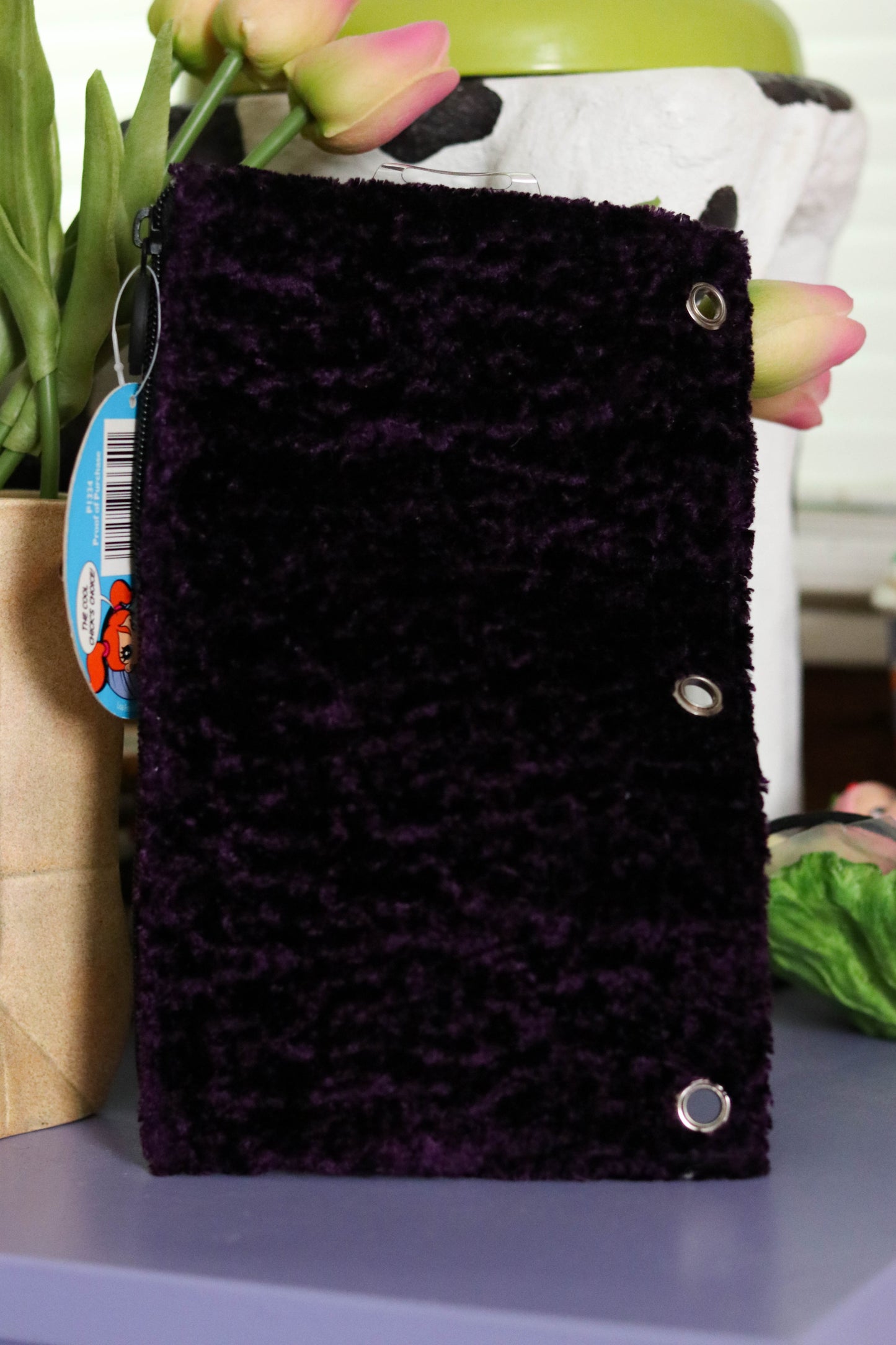 Vintage Deadstock Lisa Frank Dark Purple Fuzzy 3-Ring Pencil Pouch
