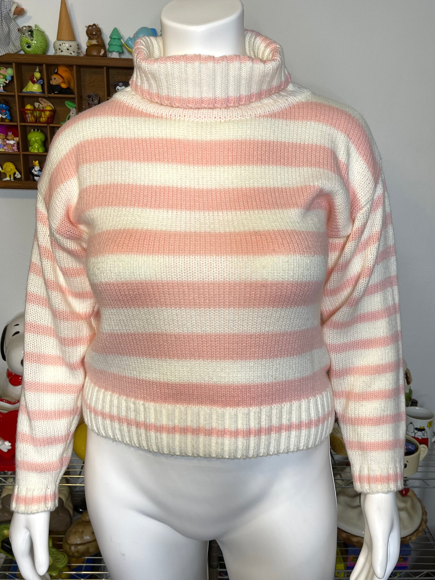 Vintage 90s Pink & Cream Striped Turtleneck Knit Sweater Sz L