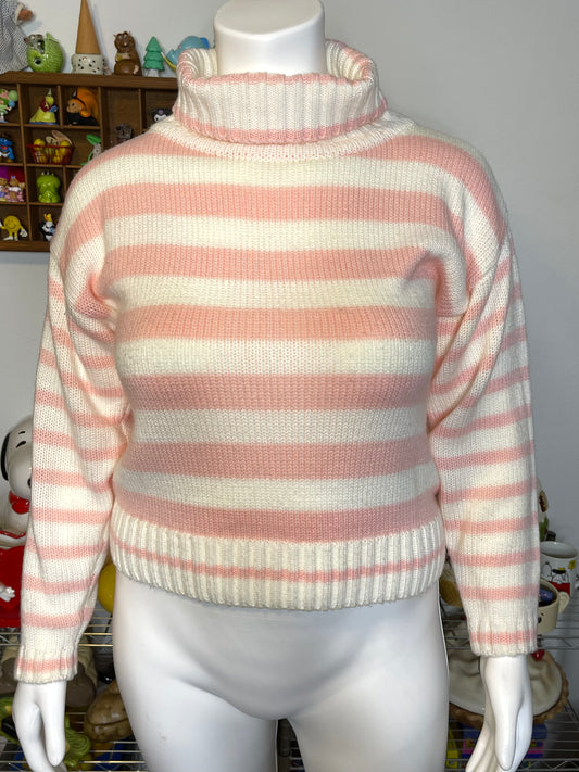 Vintage 90s Pink & Cream Striped Turtleneck Knit Sweater Sz L
