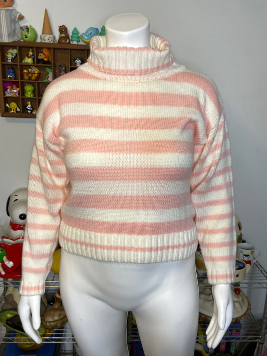 Vintage 90s Pink & Cream Striped Turtleneck Knit Sweater Sz L