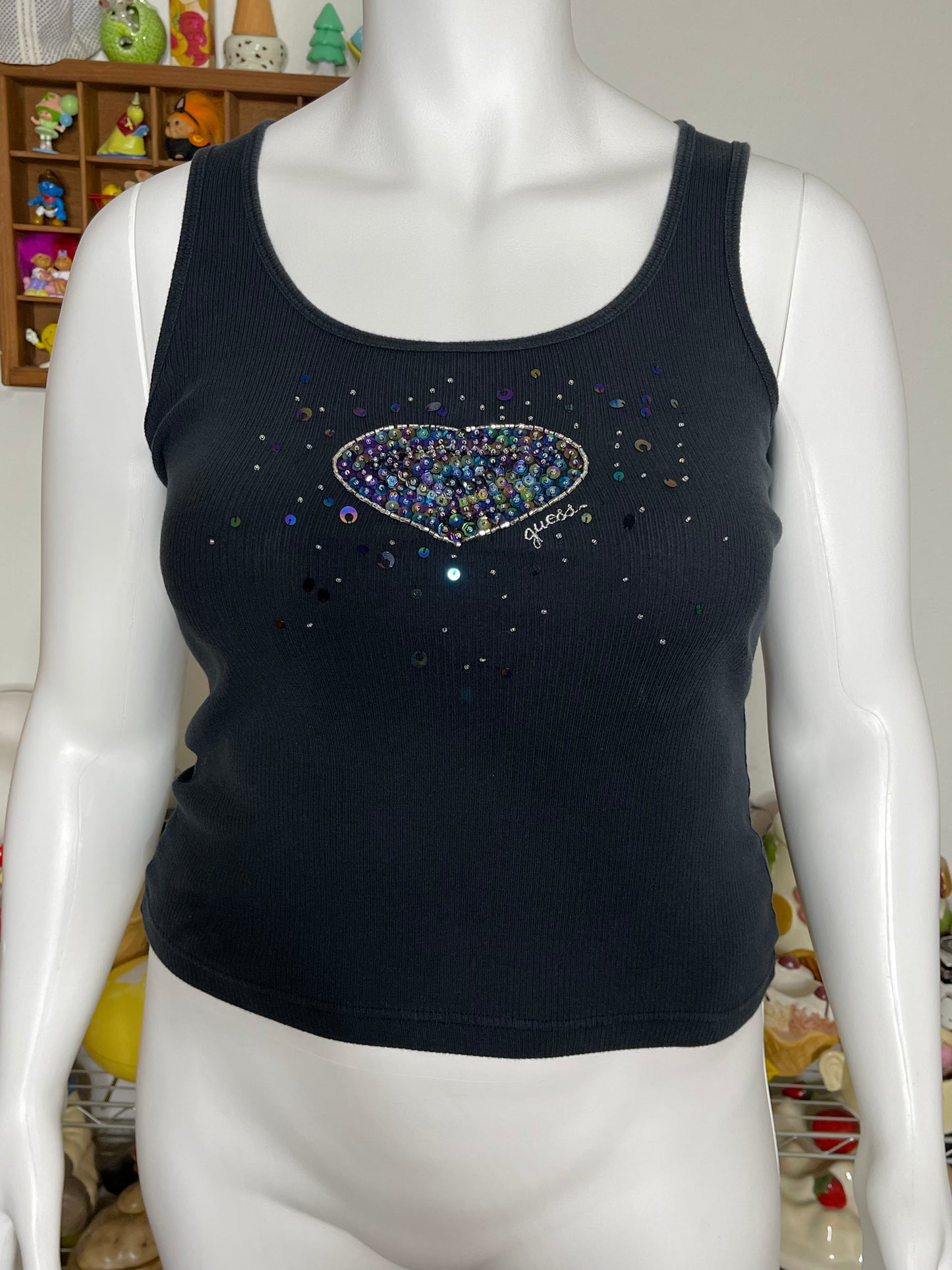 2000s Heart Sequins Guess Faded Black Tank Top Sz L/XL