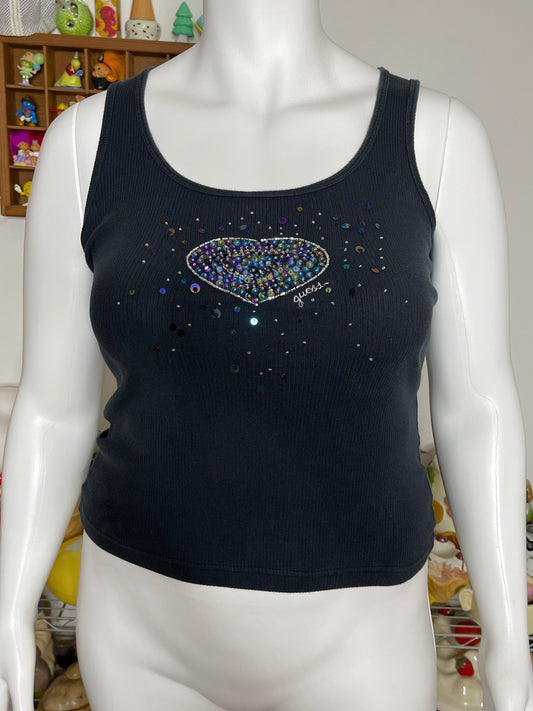 2000s Heart Sequins Guess Faded Black Tank Top Sz L/XL