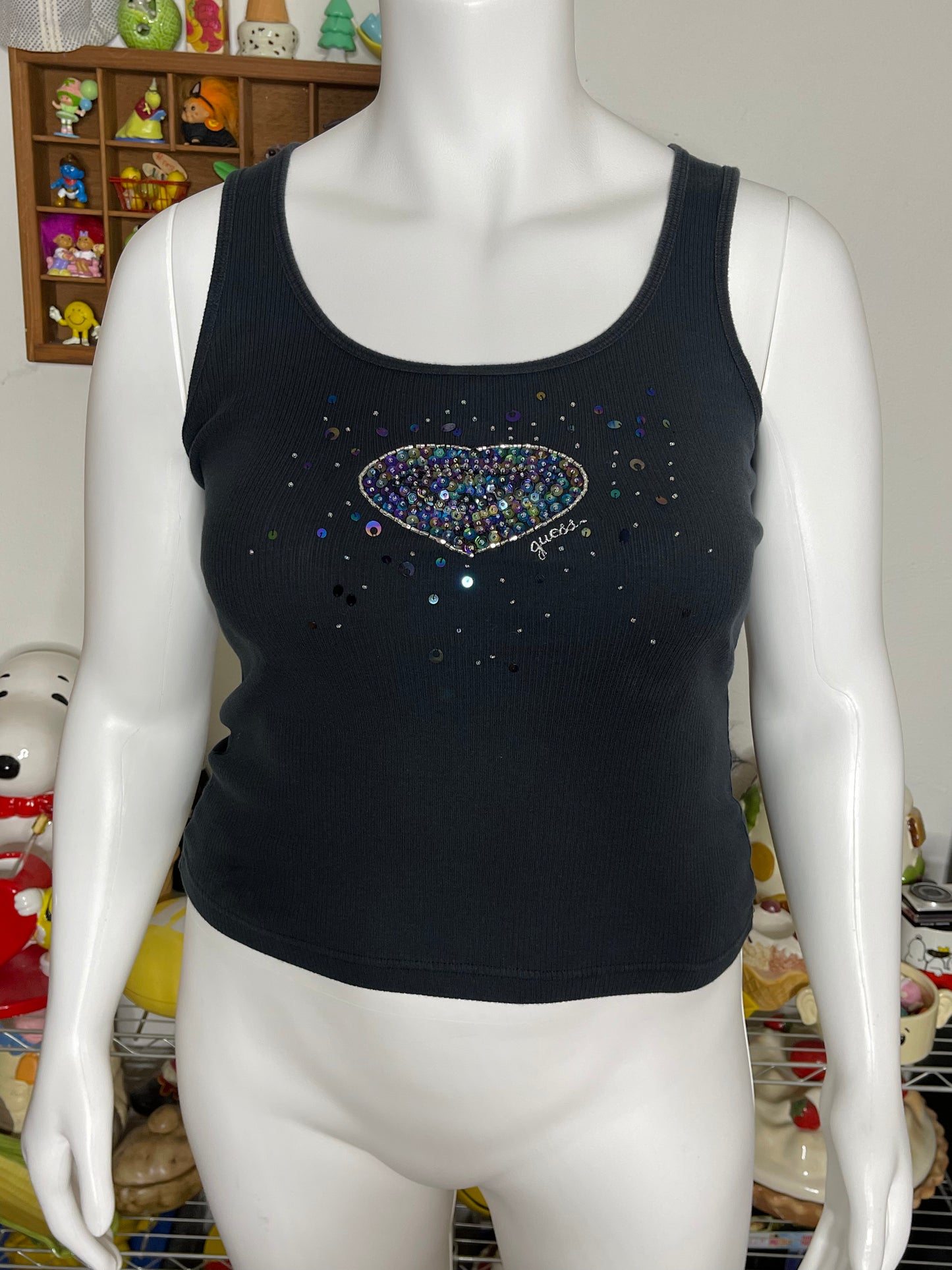 2000s Heart Sequins Guess Faded Black Tank Top Sz L/XL