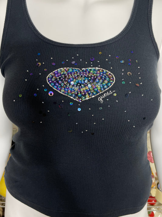 2000s Heart Sequins Guess Faded Black Tank Top Sz L/XL