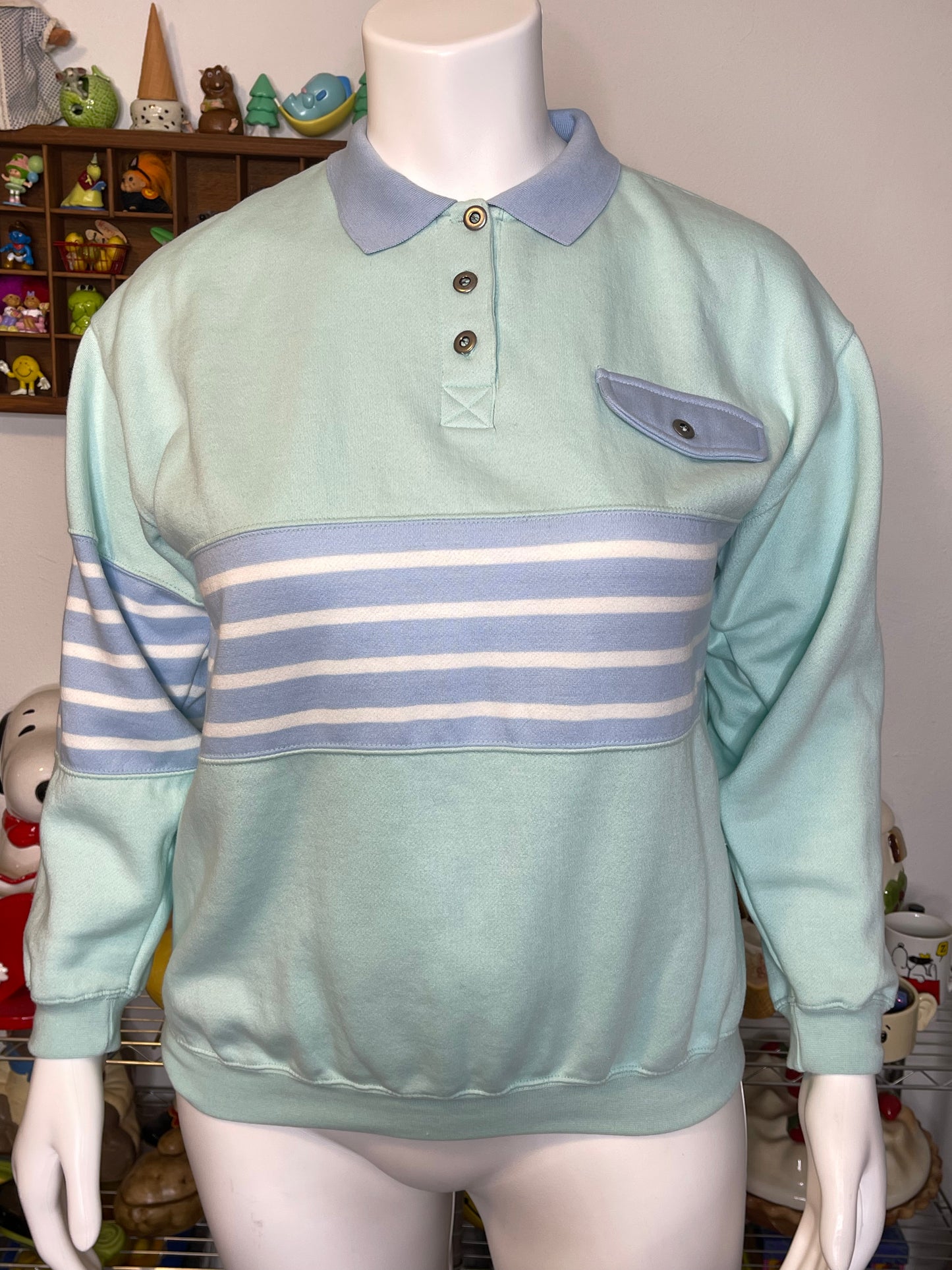 Vintage 90s Mint Blue Striped Collared Crewneck Sweater Sz L