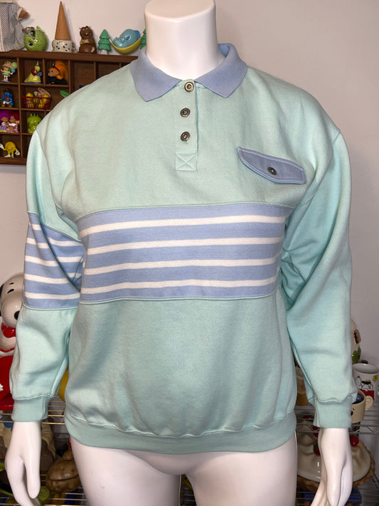 Vintage 90s Mint Blue Striped Collared Crewneck Sweater Sz L