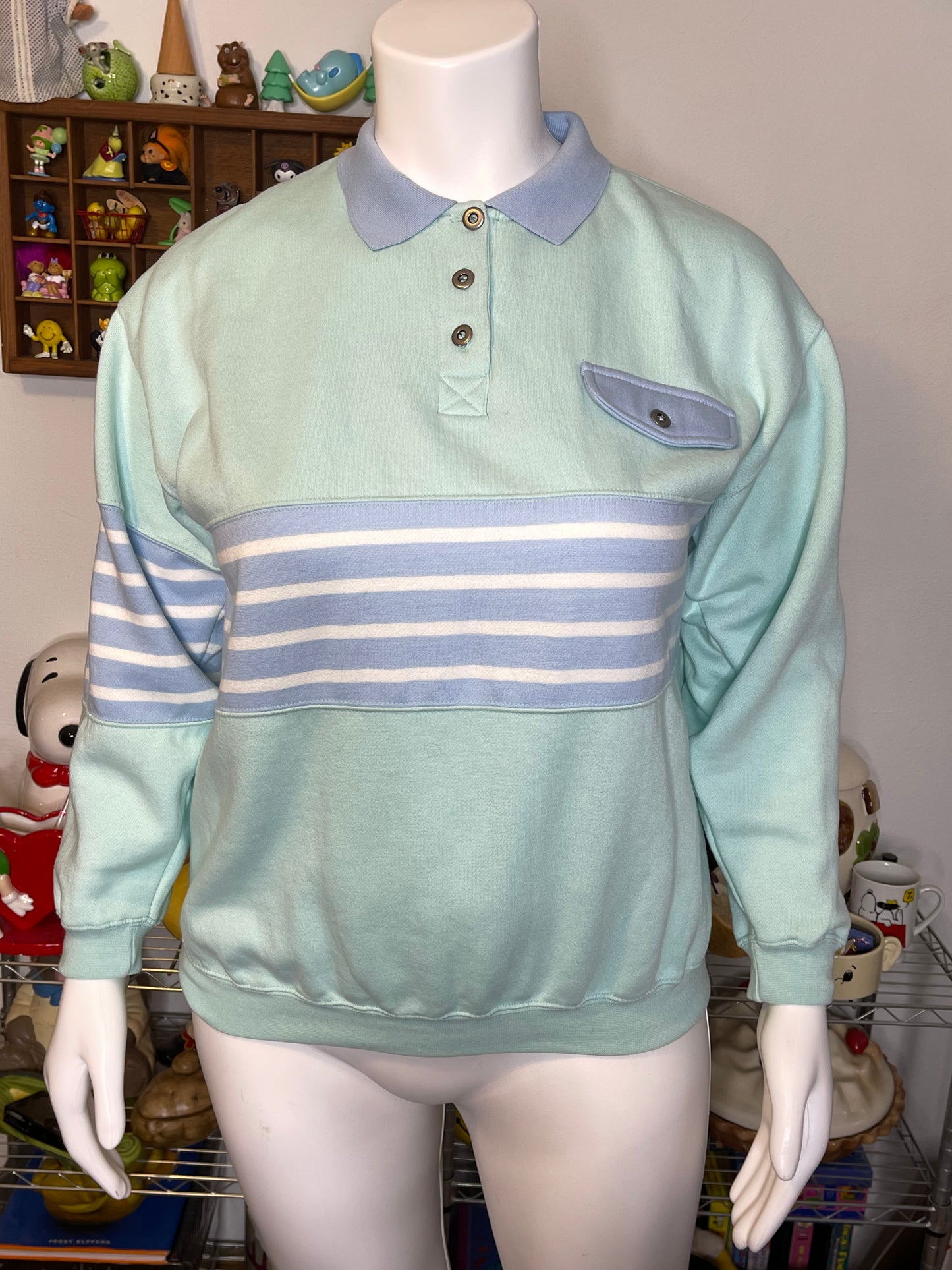 Vintage 90s Mint Blue Striped Collared Crewneck Sweater Sz L