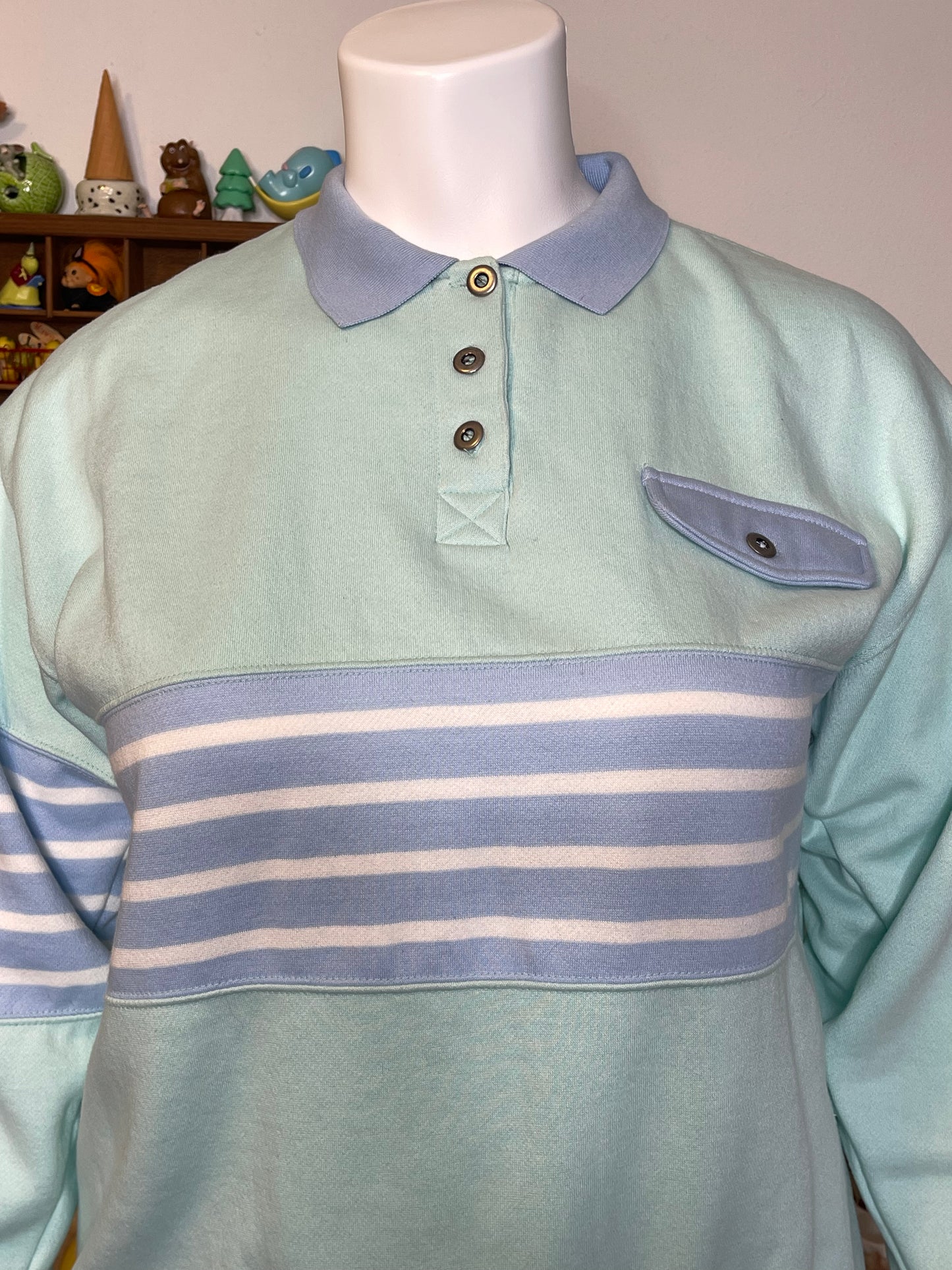 Vintage 90s Mint Blue Striped Collared Crewneck Sweater Sz L