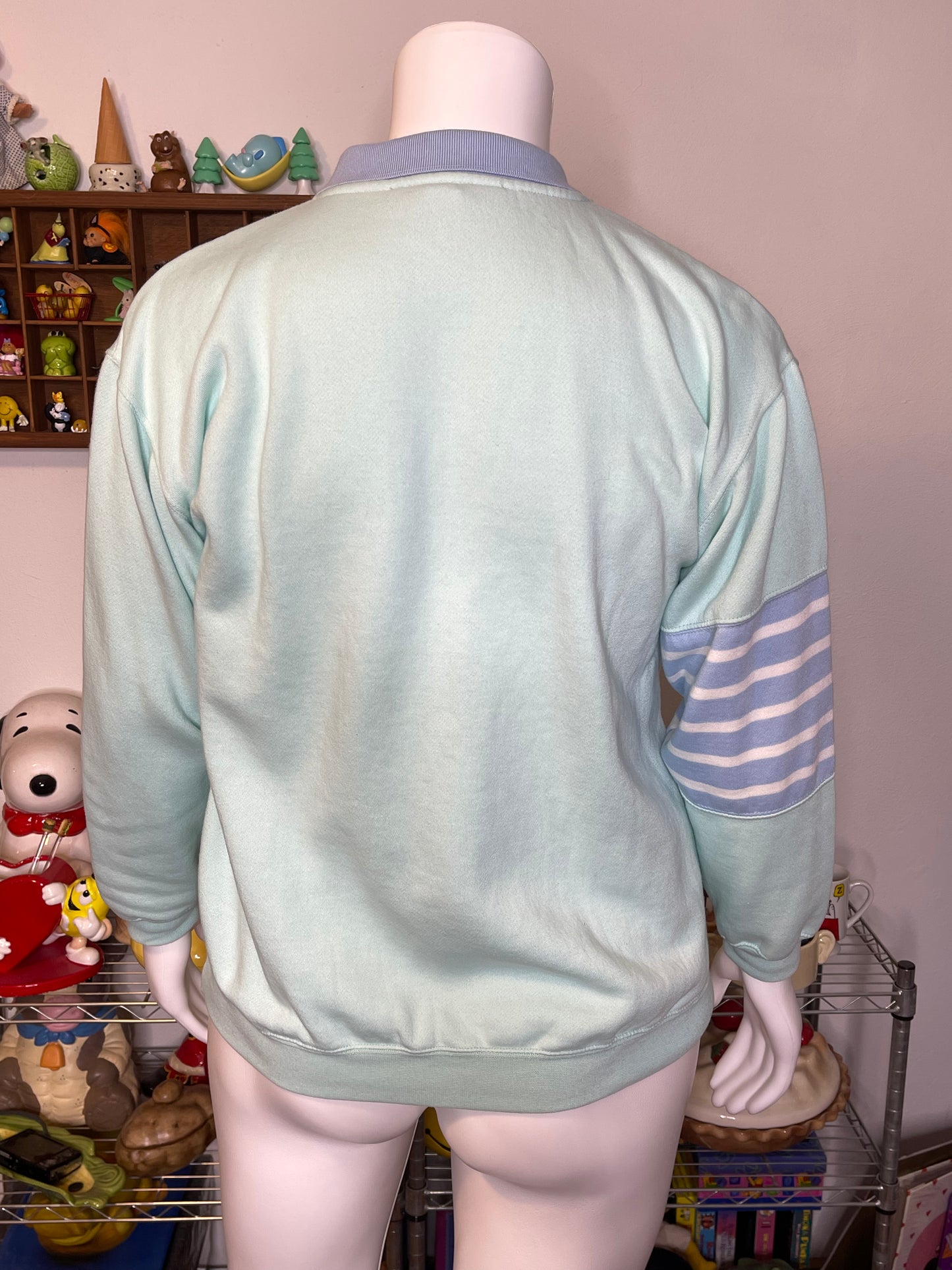 Vintage 90s Mint Blue Striped Collared Crewneck Sweater Sz L