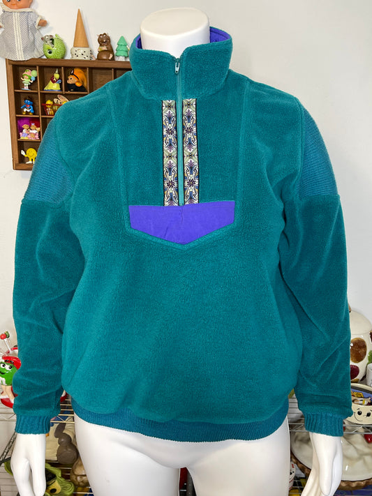 Vintage 90s Retro Teal Green Fleece Pullover Sweater Sz L