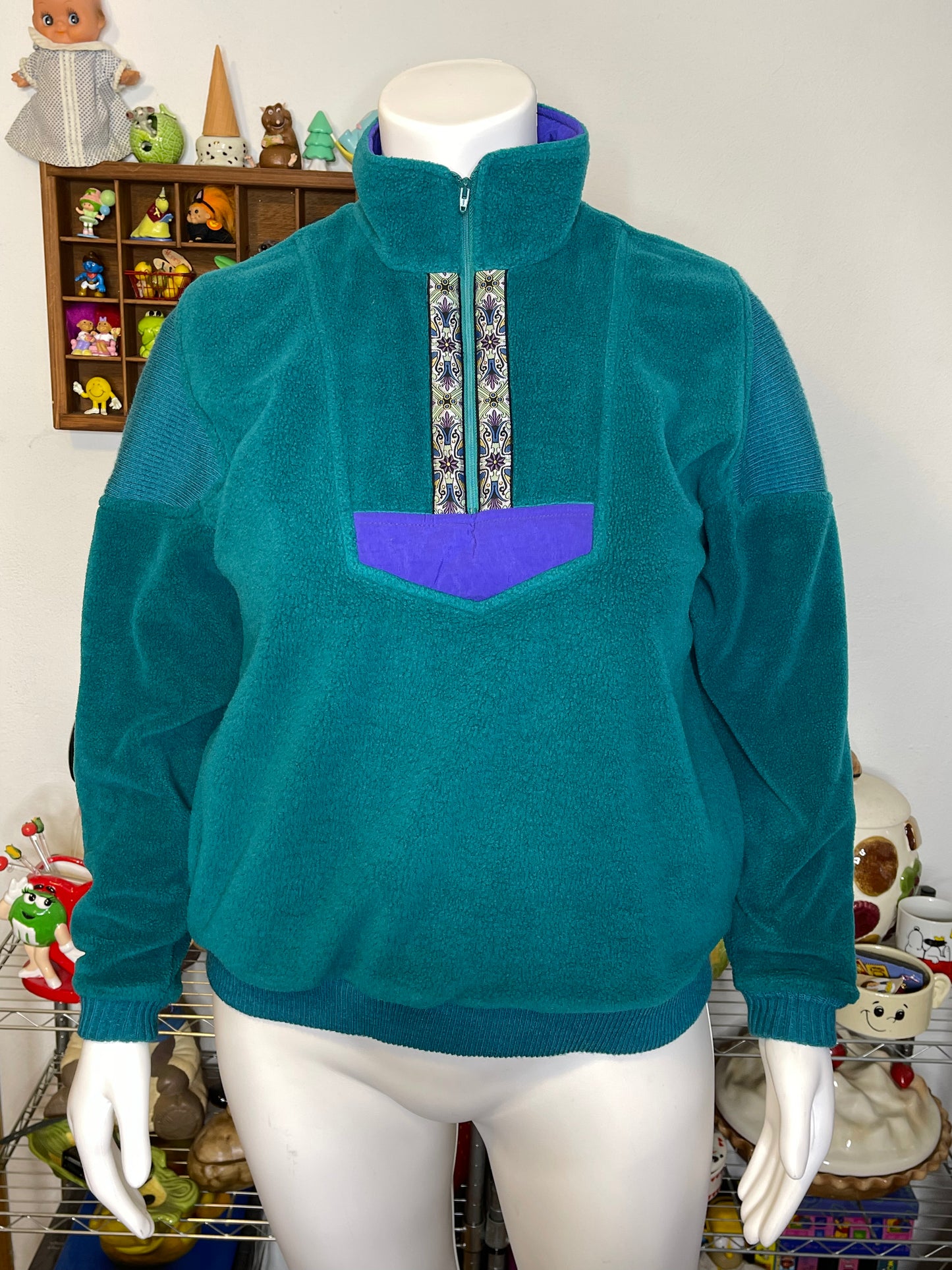 Vintage 90s Retro Teal Green Fleece Pullover Sweater Sz L