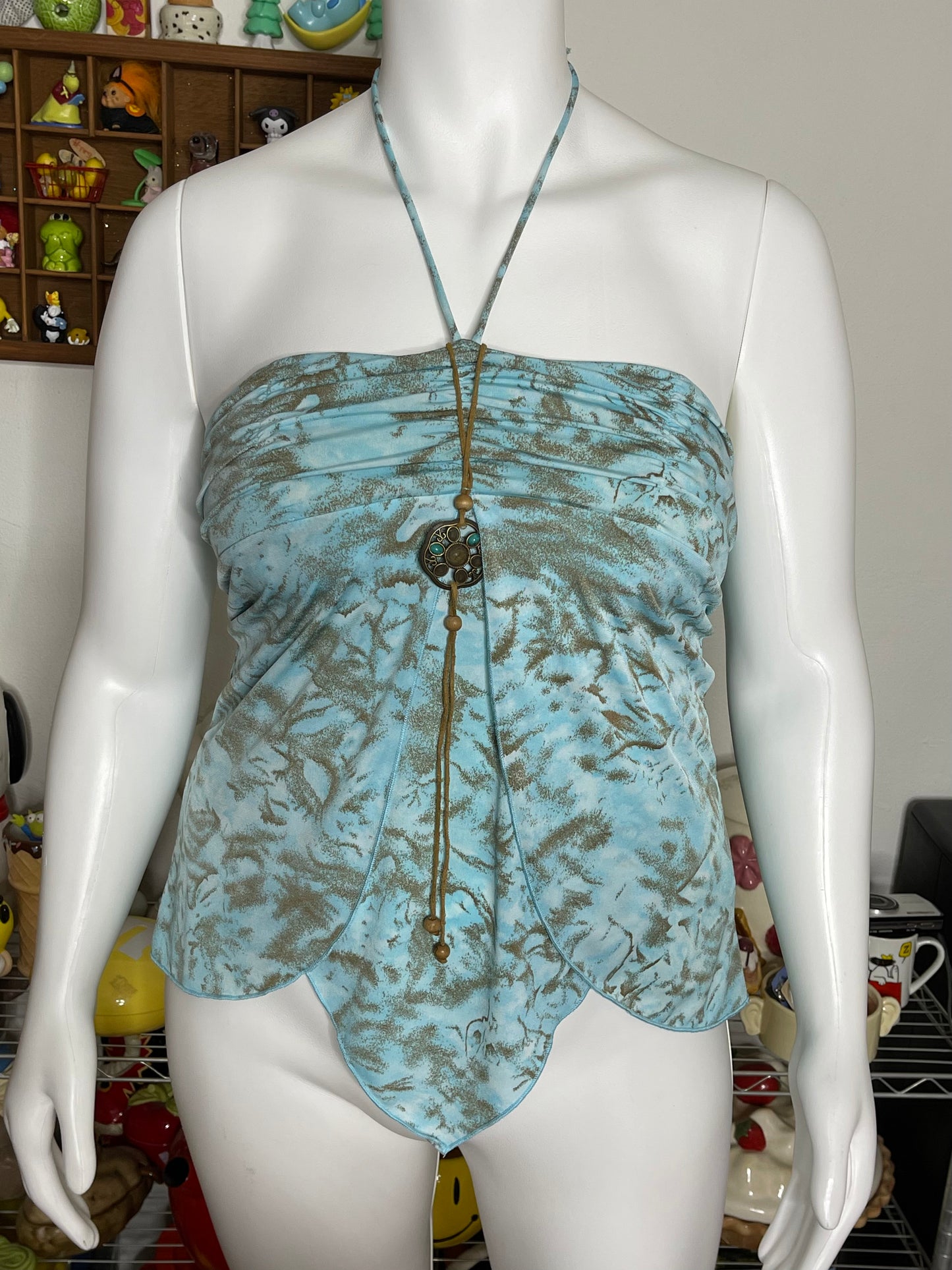 2000s Blue & Brown Halter Top Sz L/XL