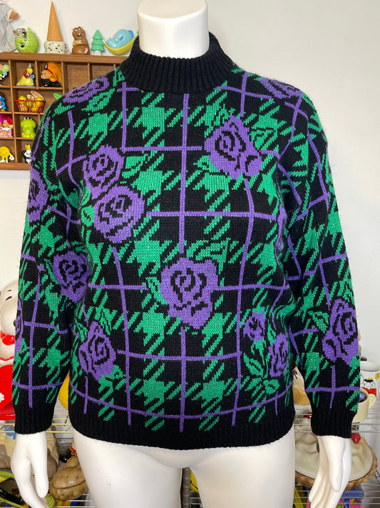 Vintage 90s Glittery Purple Green Rose Print Knit Sweater Sz M/L