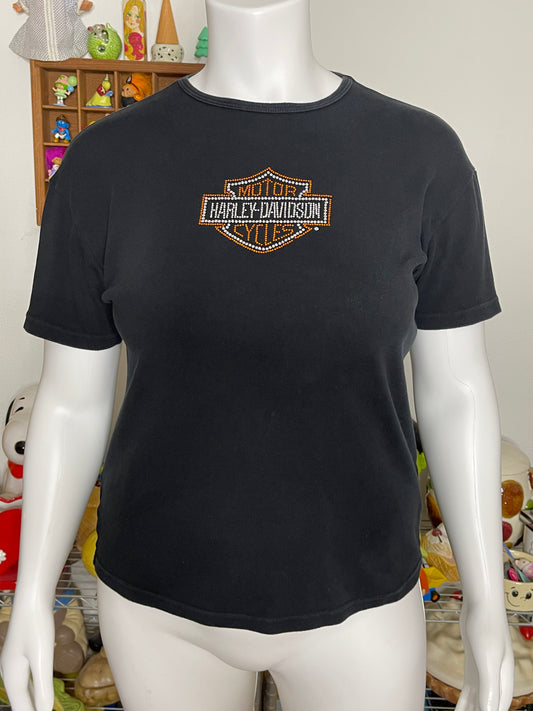 2000s Black Harley Davidson Bedazzled Fitted Tee Sz 2XL