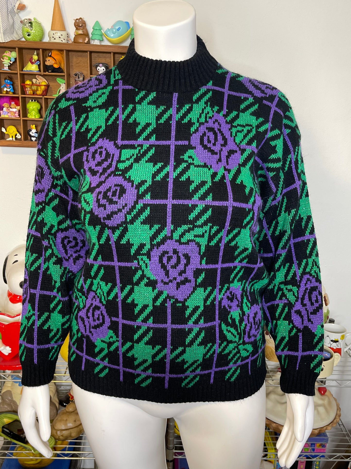 Vintage 90s Glittery Purple Green Rose Print Knit Sweater Sz M/L