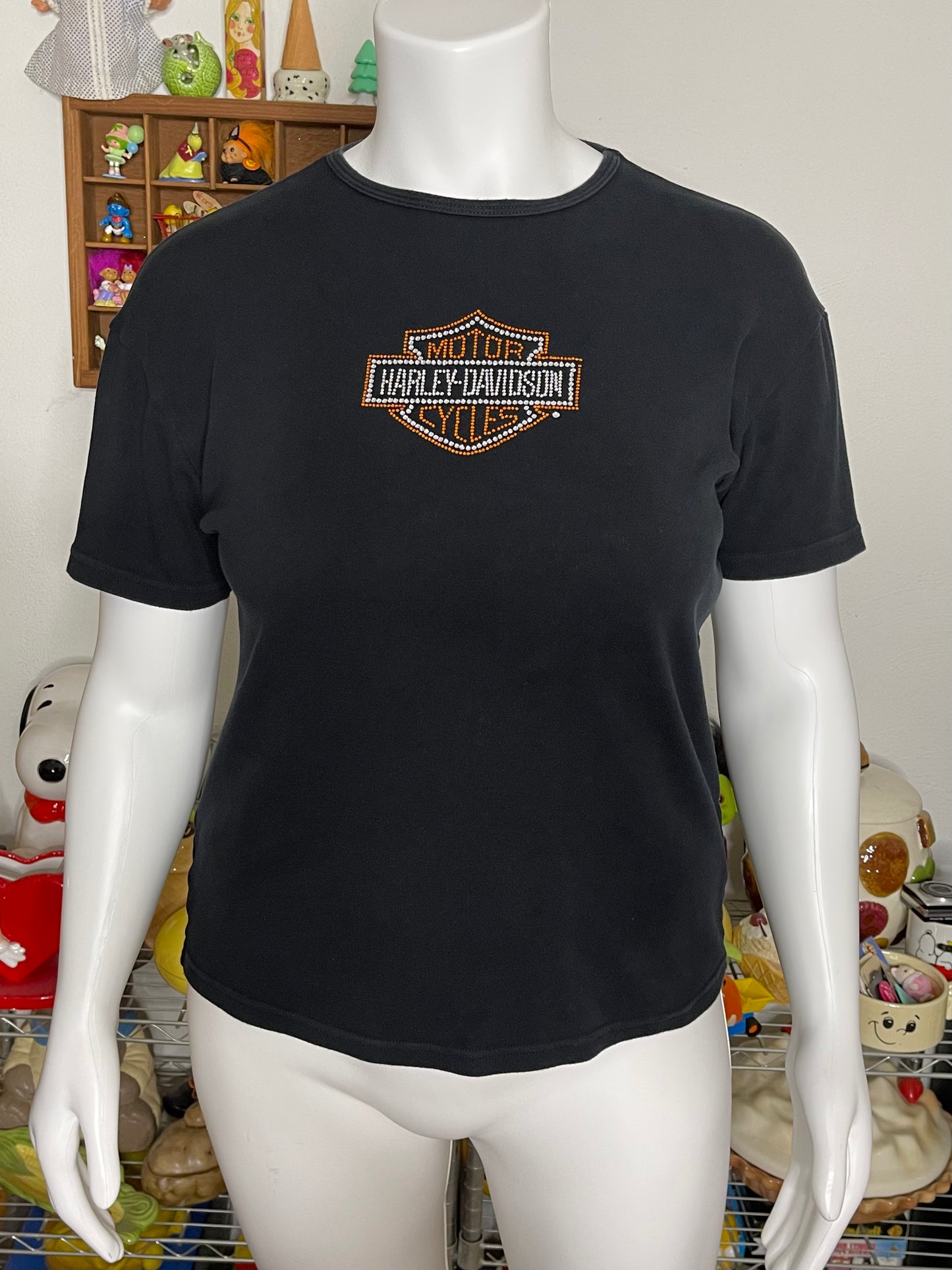 2000s Black Harley Davidson Bedazzled Fitted Tee Sz 2XL