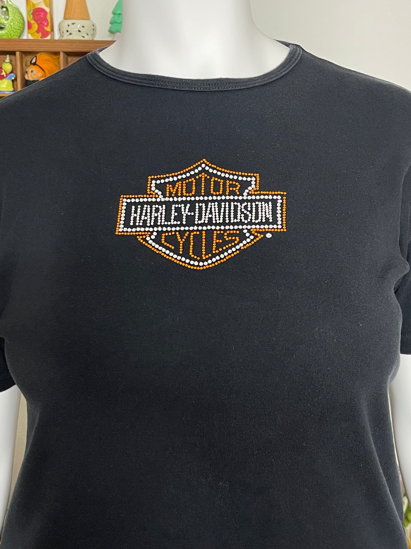2000s Black Harley Davidson Bedazzled Fitted Tee Sz 2XL