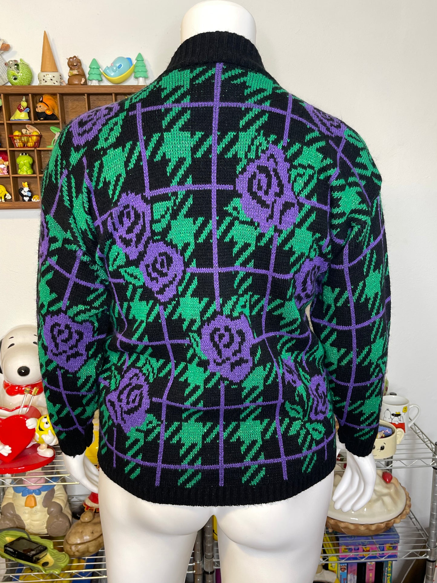 Vintage 90s Glittery Purple Green Rose Print Knit Sweater Sz M/L