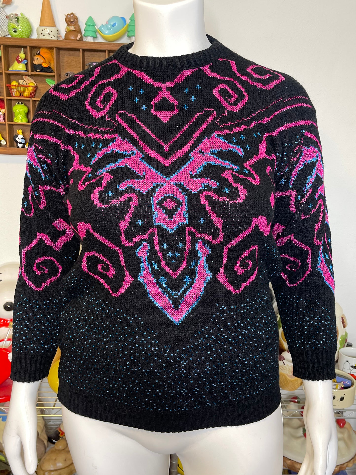 Vintage Funky Blue Pink Metallic Sparkly Knit Sweater Sz L