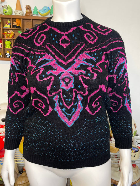 Vintage Funky Blue Pink Metallic Sparkly Knit Sweater Sz L