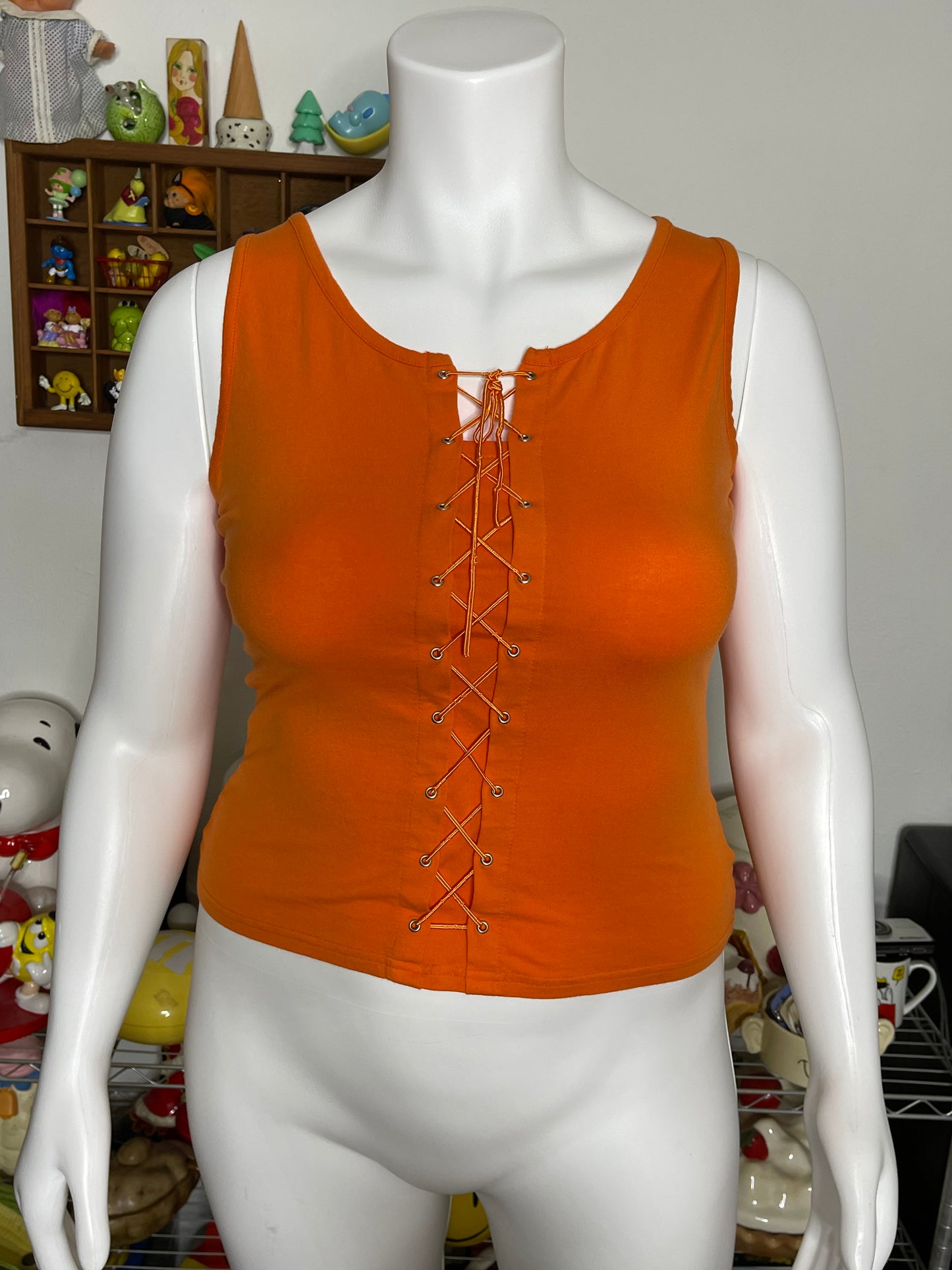 2000s Style Orange Lace Up Semi Cropped Tank Top Sz XL