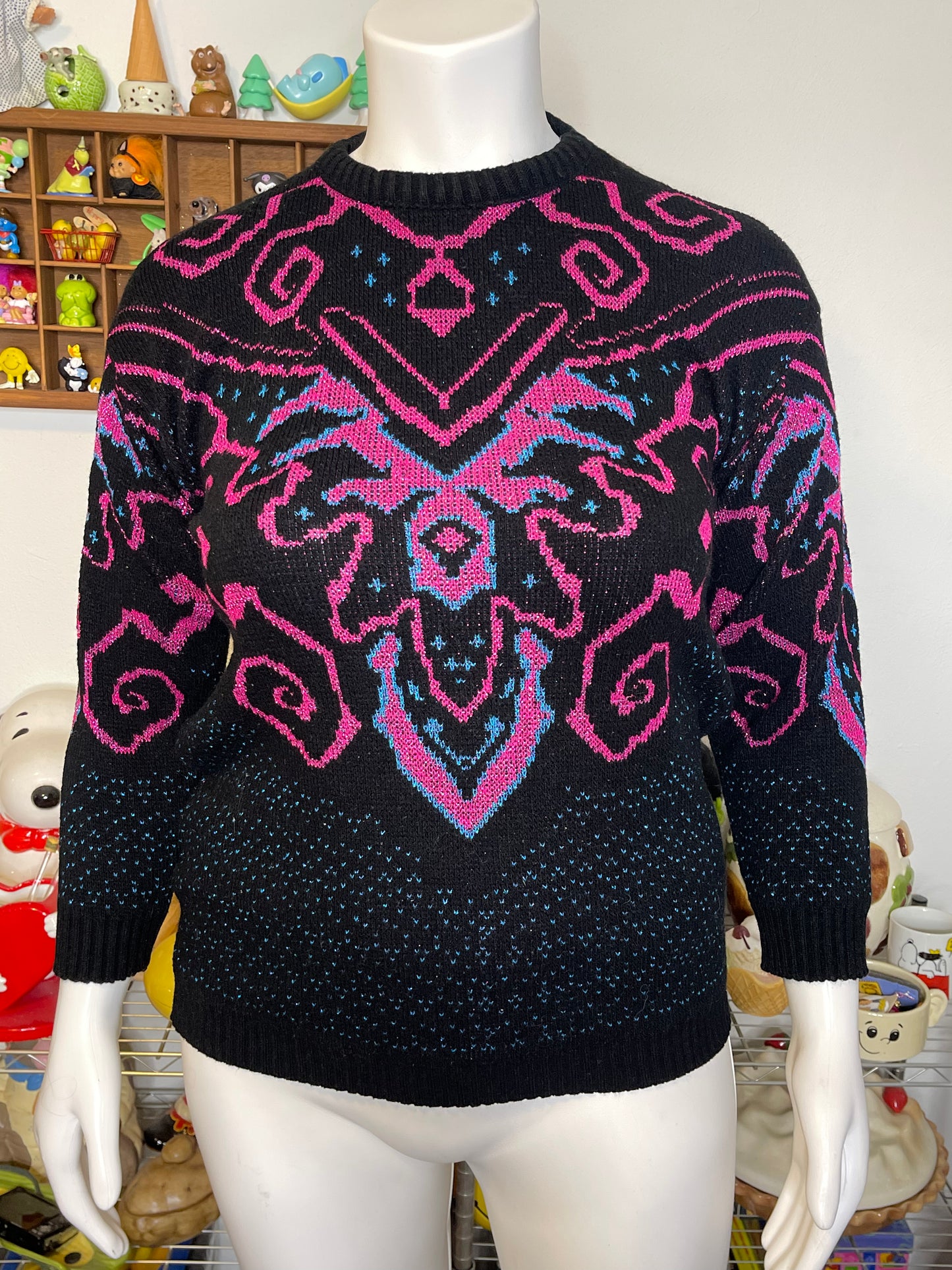 Vintage Funky Blue Pink Metallic Sparkly Knit Sweater Sz L