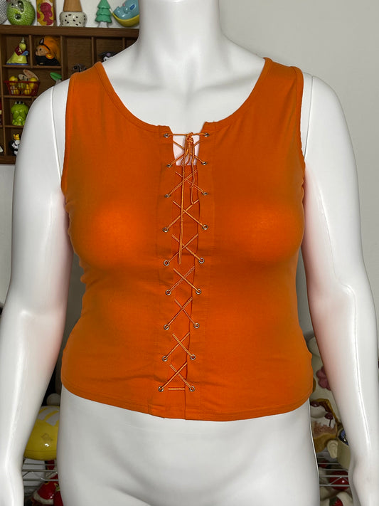 2000s Style Orange Lace Up Semi Cropped Tank Top Sz XL