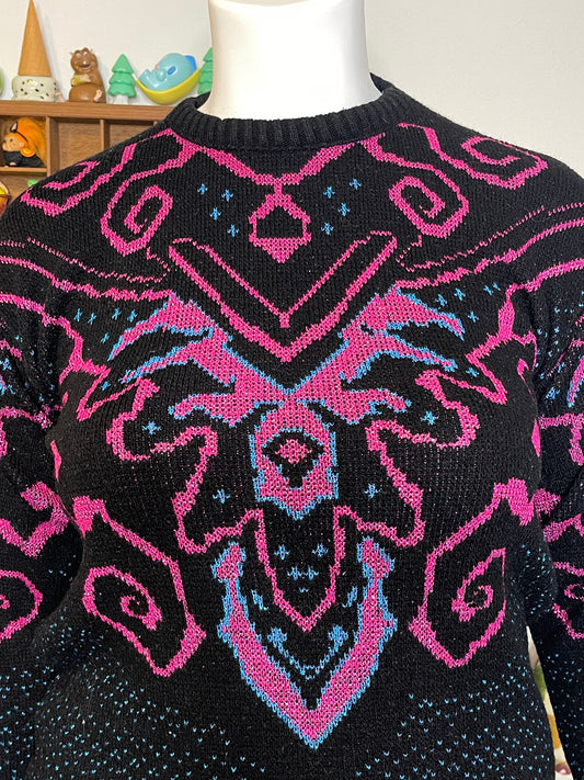 Vintage Funky Blue Pink Metallic Sparkly Knit Sweater Sz L