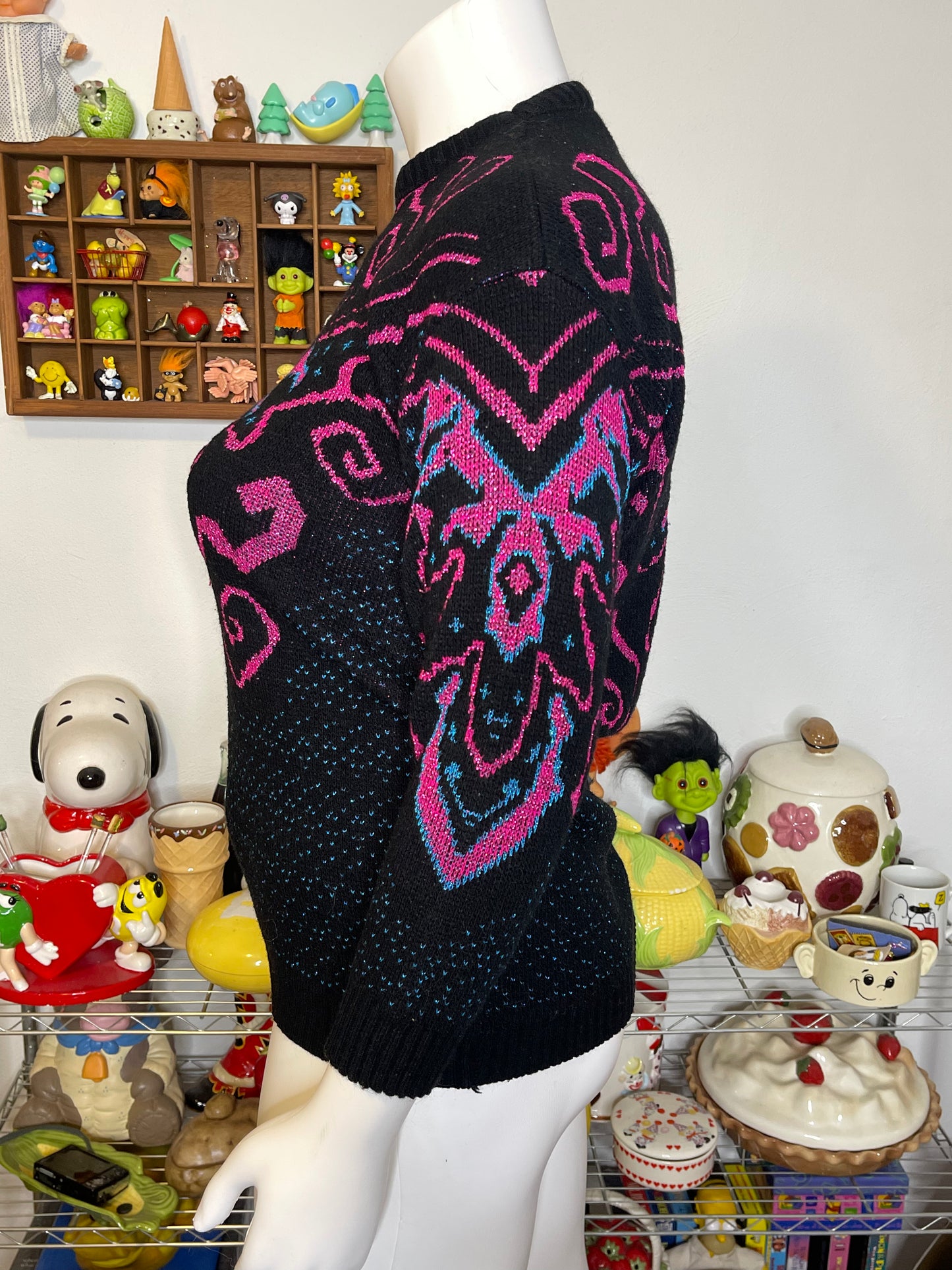 Vintage Funky Blue Pink Metallic Sparkly Knit Sweater Sz L