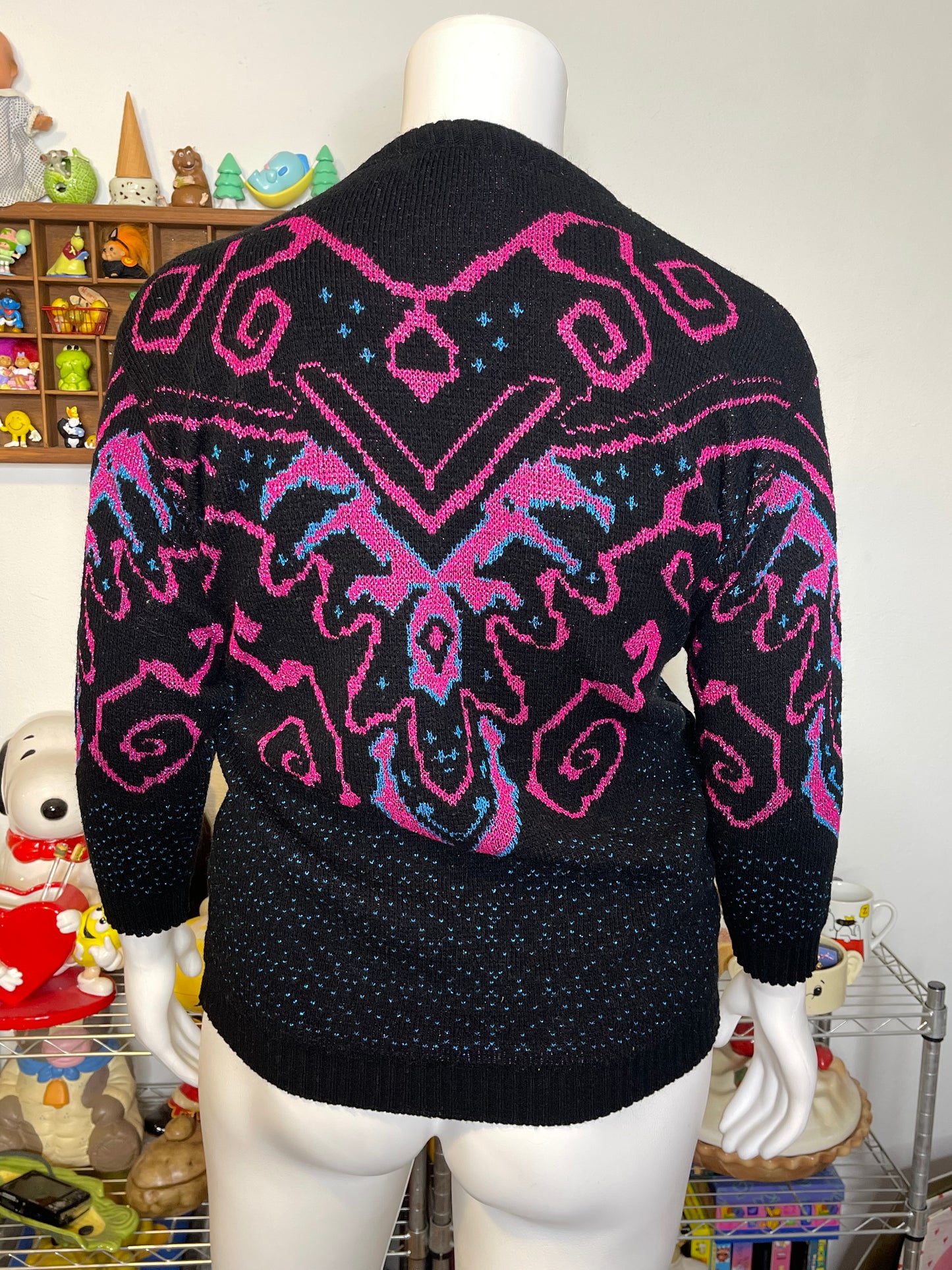 Vintage Funky Blue Pink Metallic Sparkly Knit Sweater Sz L