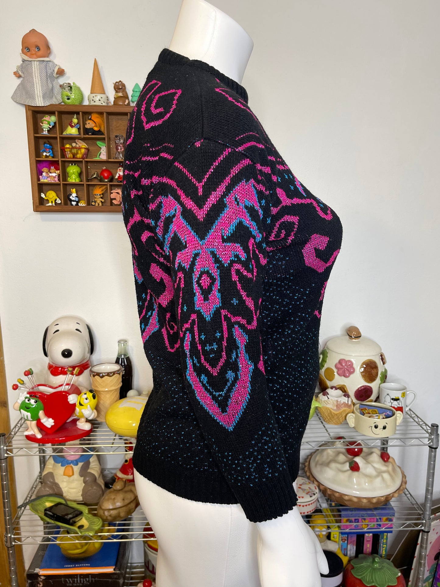 Vintage Funky Blue Pink Metallic Sparkly Knit Sweater Sz L