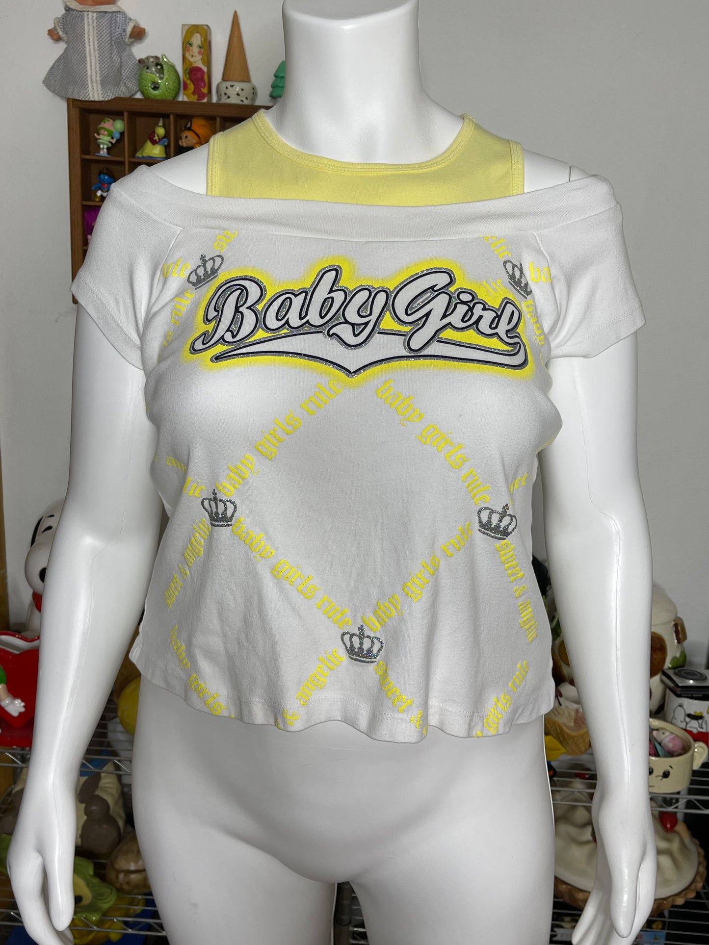 2000s Baby Girl Off Shoulder Glittery Crop Top Sz 2x