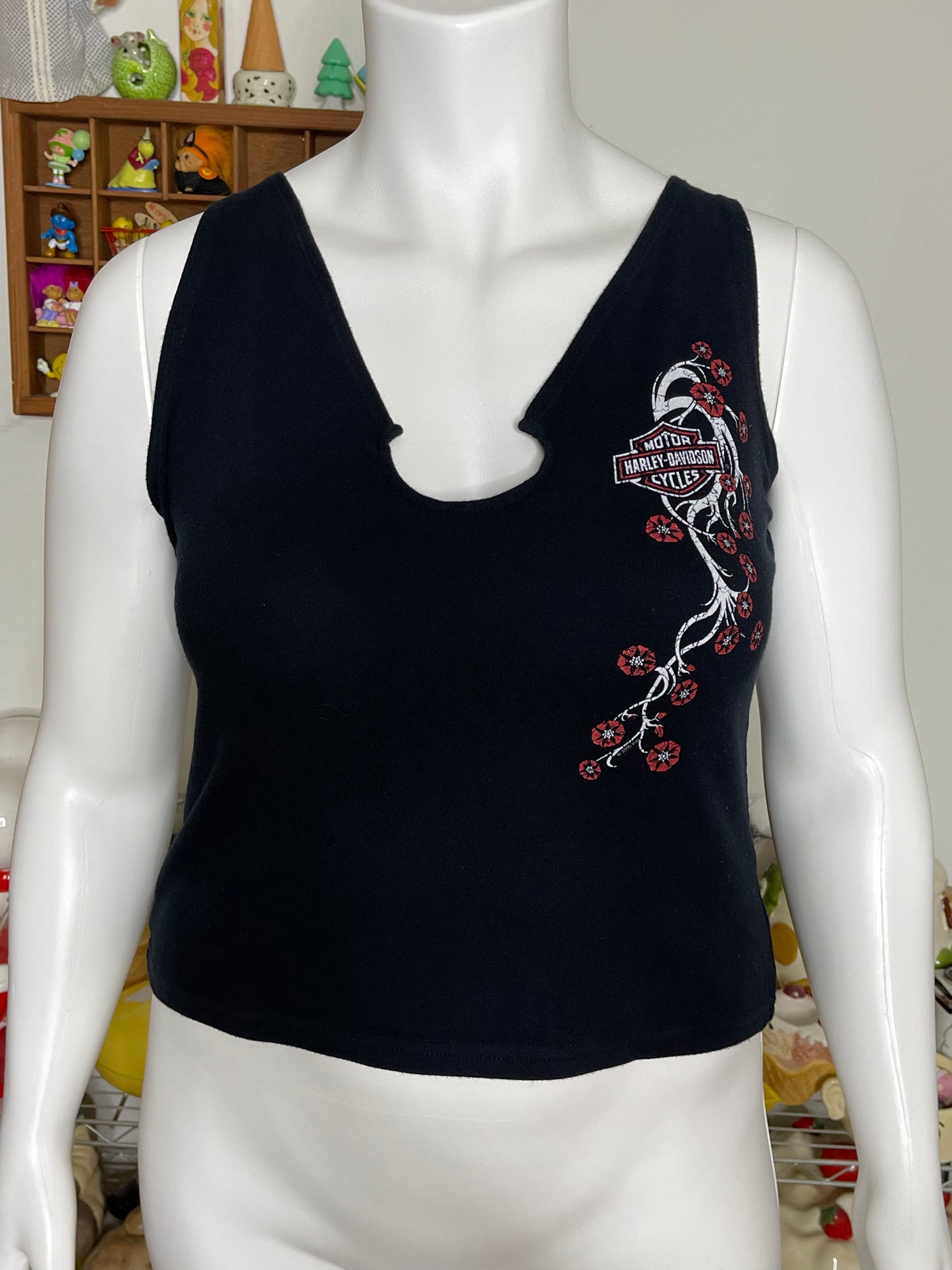 2000s Harley Davidson Red Glittery Floral Tank Top Sz L