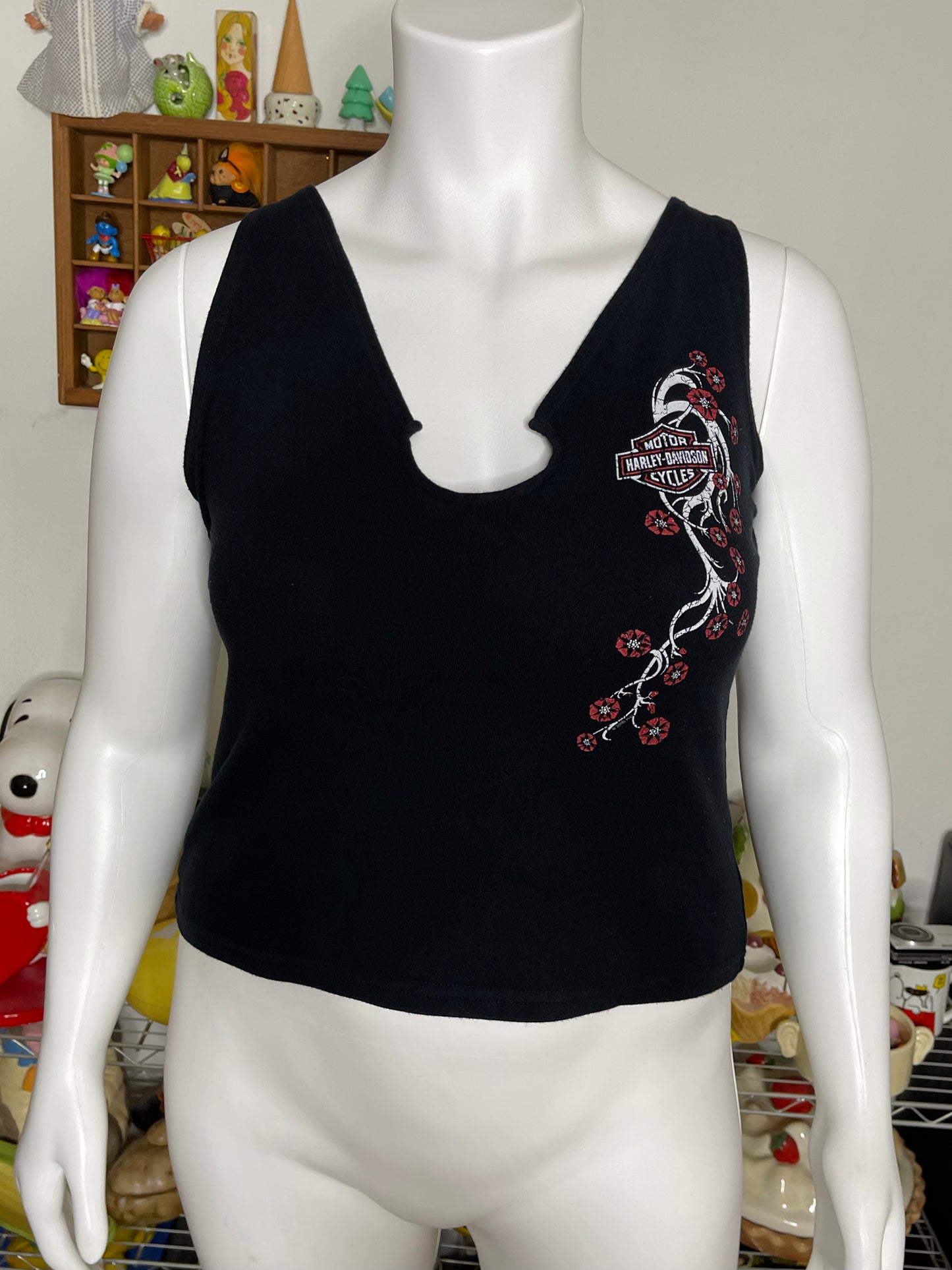 2000s Harley Davidson Red Glittery Floral Tank Top Sz L