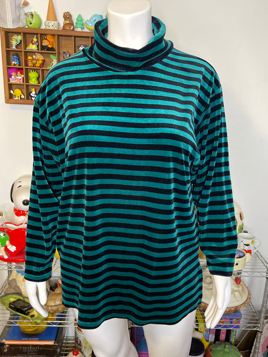 Vintage 90s Green Black Striped Velour Oversized Turtleneck Sweater Sz 2X