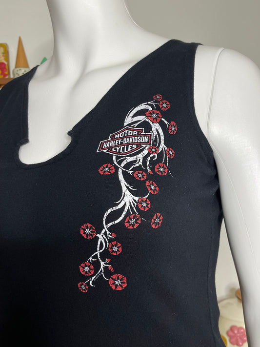 2000s Harley Davidson Red Glittery Floral Tank Top Sz L