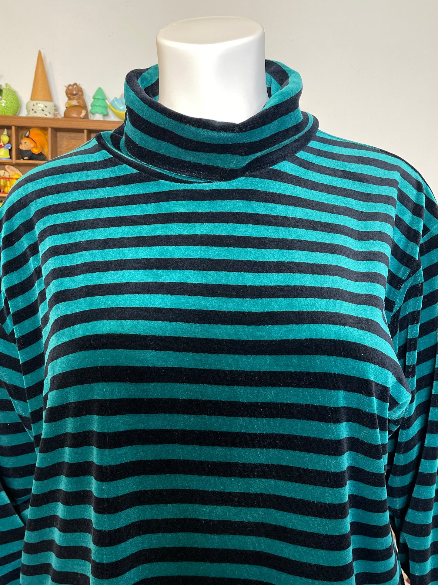 Vintage 90s Green Black Striped Velour Oversized Turtleneck Sweater Sz 2X