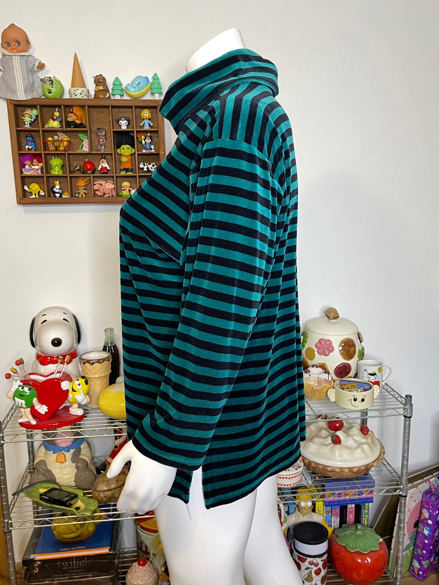 Vintage 90s Green Black Striped Velour Oversized Turtleneck Sweater Sz 2X