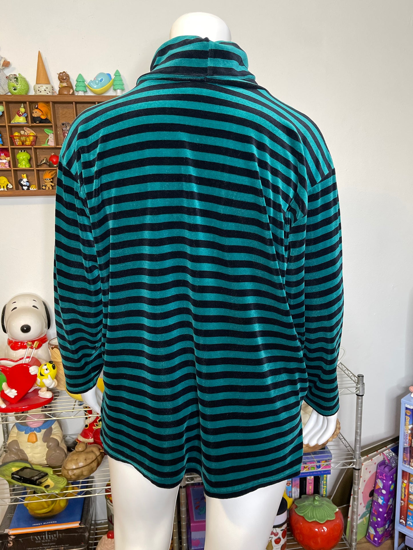 Vintage 90s Green Black Striped Velour Oversized Turtleneck Sweater Sz 2X