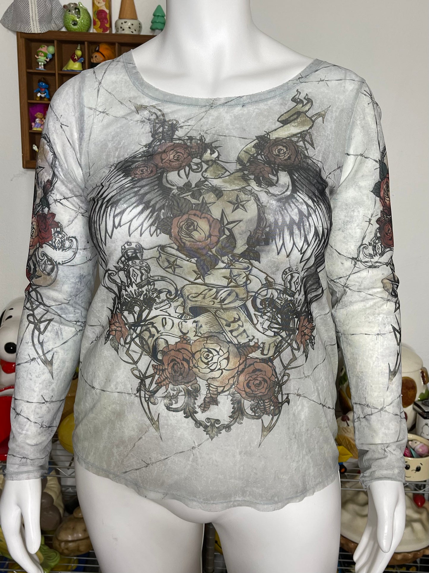 2000s Style Rock & Republic Mirco Mesh Long Sleeve Sz L /XL