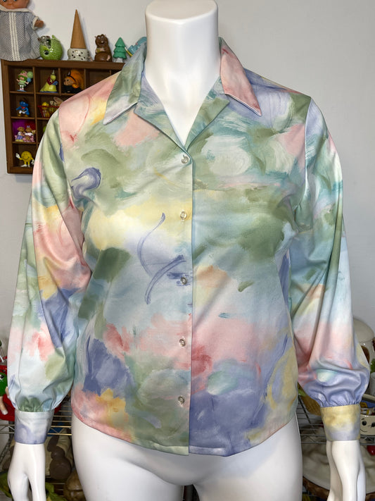 Vintage Watercolor Pastel Button Down Blouse Sz L/XL