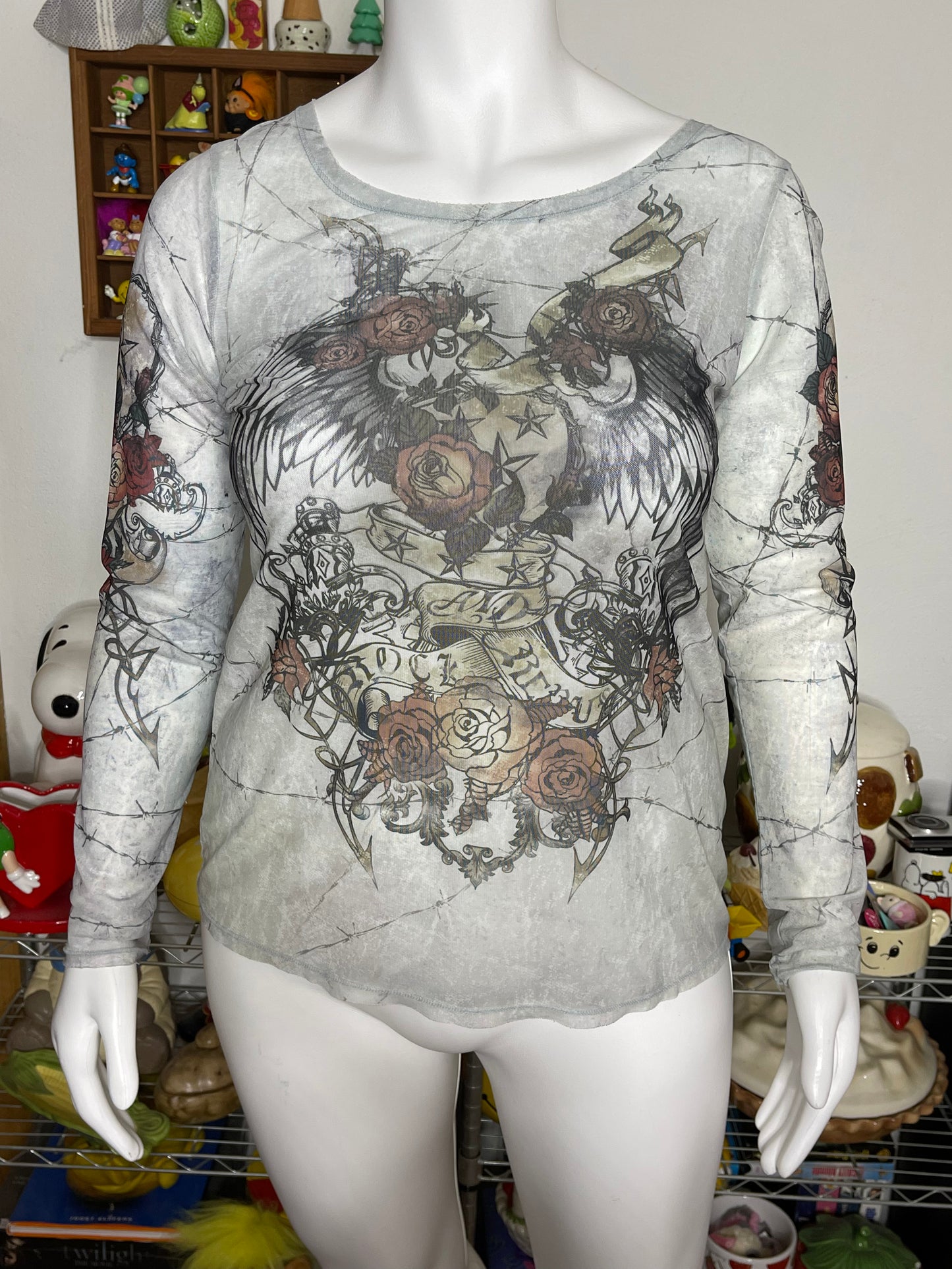 2000s Style Rock & Republic Mirco Mesh Long Sleeve Sz L /XL