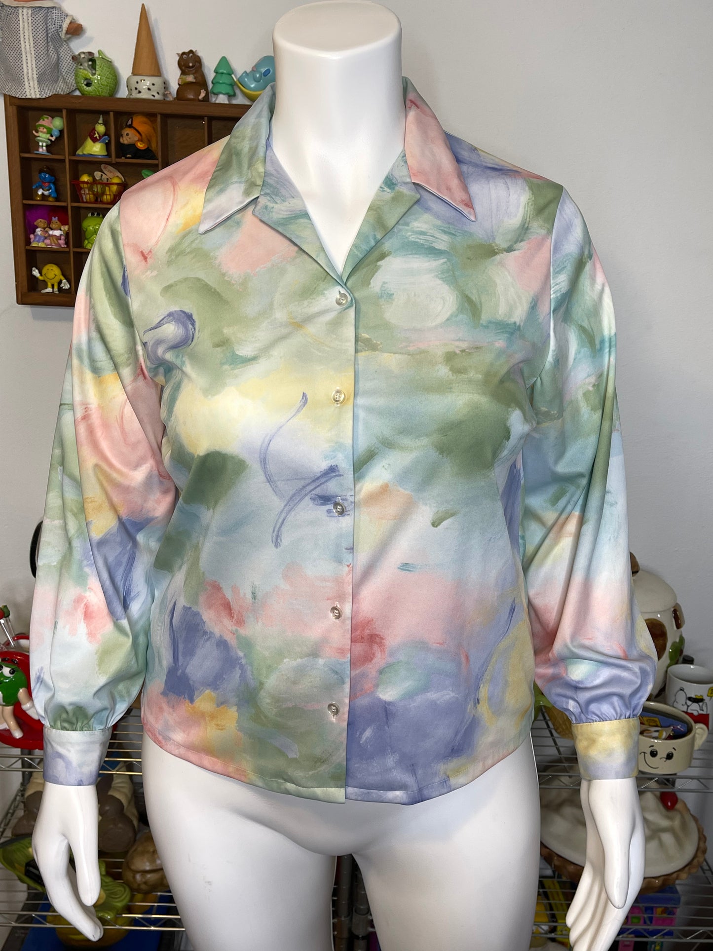 Vintage Watercolor Pastel Button Down Blouse Sz L/XL