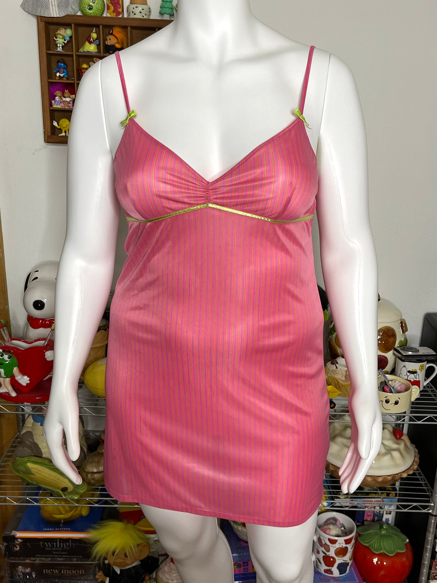 2000s Pink Striped Sheer Mini Slip Dress Sz L
