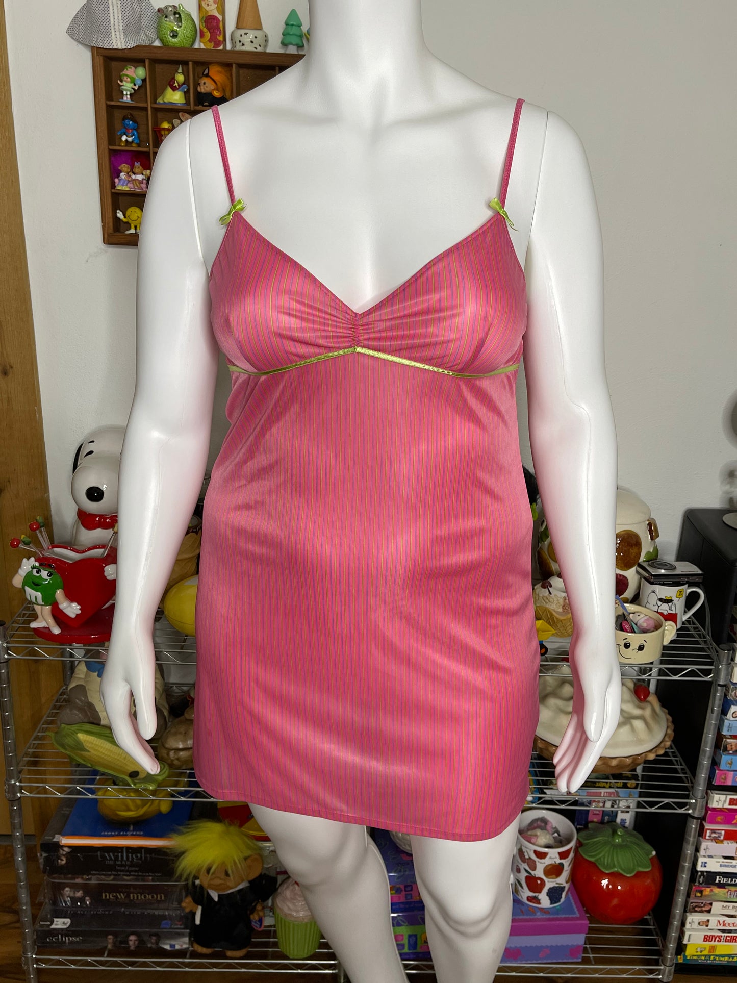 2000s Pink Striped Sheer Mini Slip Dress Sz L
